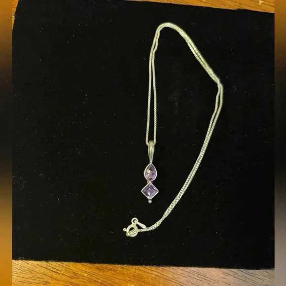 92.5 Silver, Made In Italy Amethyst Double Gem  8” Necklace - Picture 2 of 5